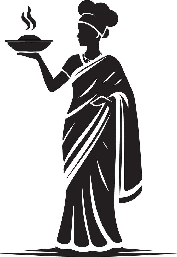 Silhouette of woman in saree holding steaming bowl of food in black and white art vector