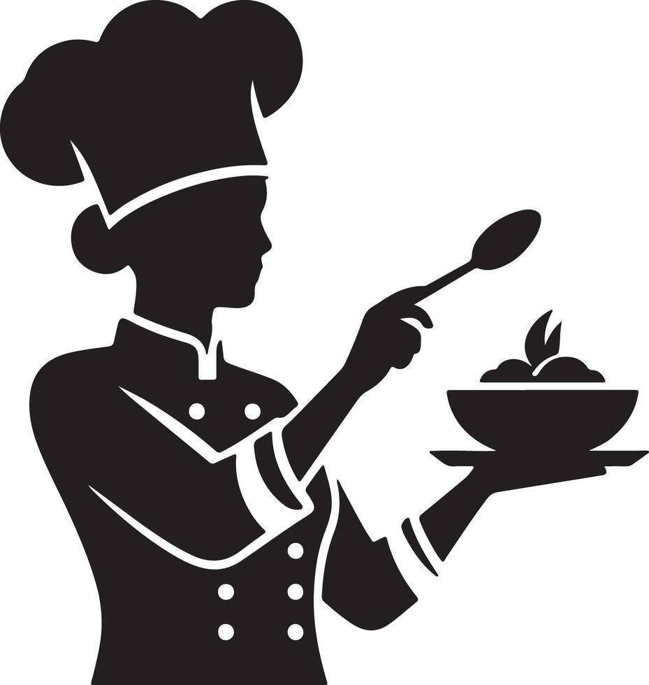 Silhouette of a chef holding a bowl of food with a spoon in a black and white image vector