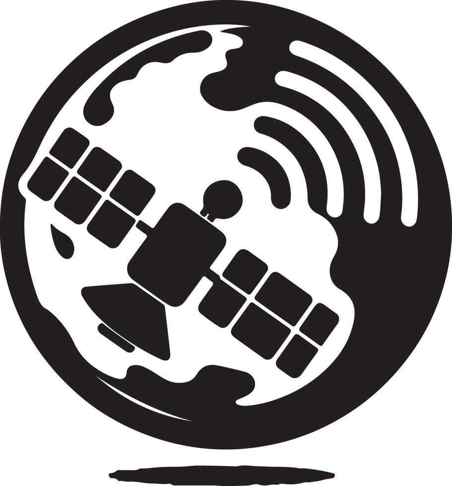 A stylized black and white illustration of a satellite orbiting a stylized globe vector