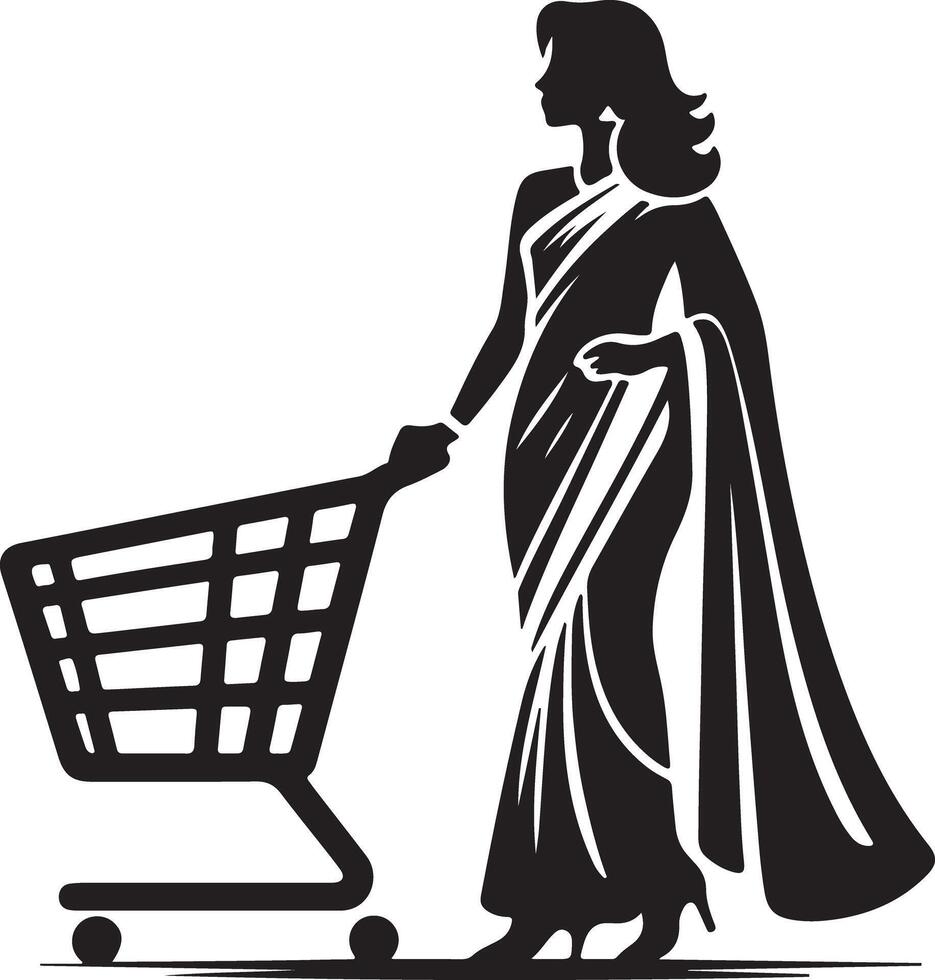 Silhouette of woman in saree pushing shopping cart with wavy hair and heels in black and white style vector