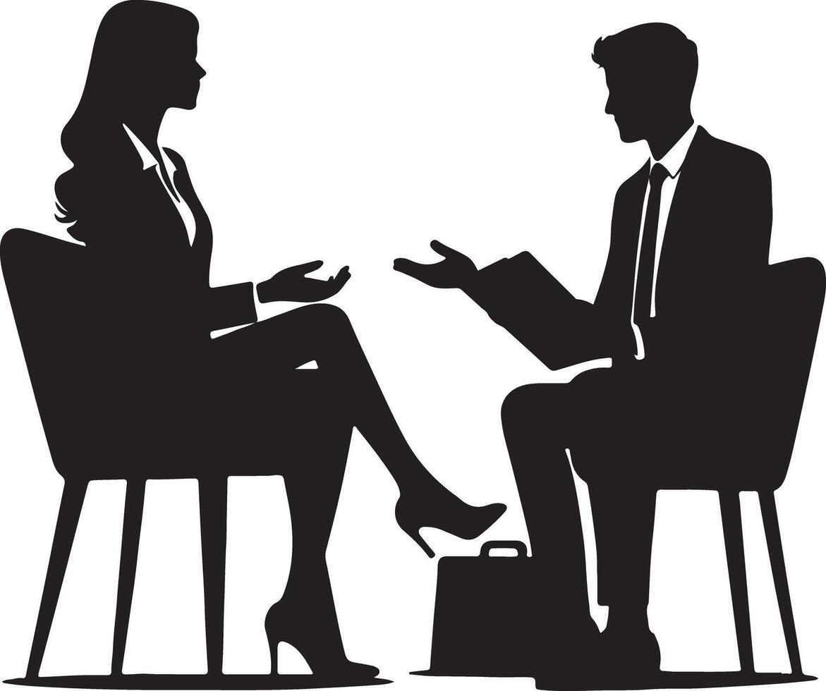 Silhouette of woman and man in business attire having a discussion while seated in chairs facing each other vector