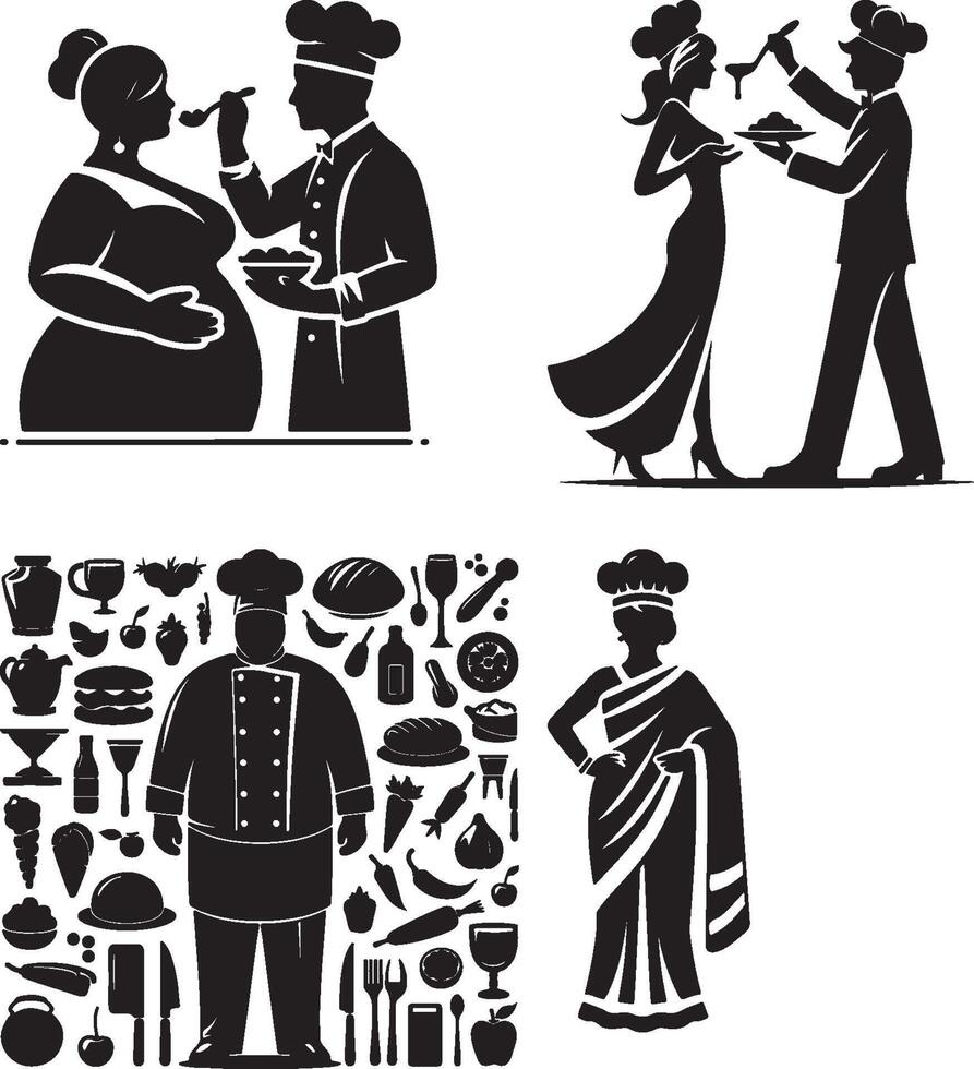 Chef silhouettes in various scenarios including feeding, cooking, and wearing traditional attire vector