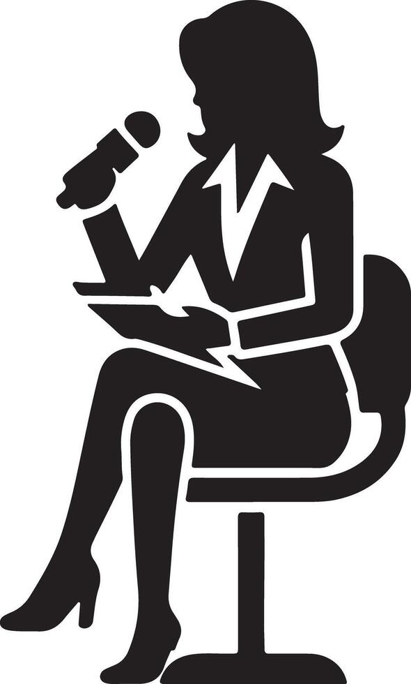 Silhouette of a woman in a suit sitting on a chair holding a microphone and a tablet in her hands vector