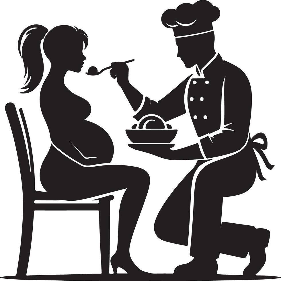 Silhouette of pregnant woman being fed by chef kneeling with bowl and spoon in hand vector