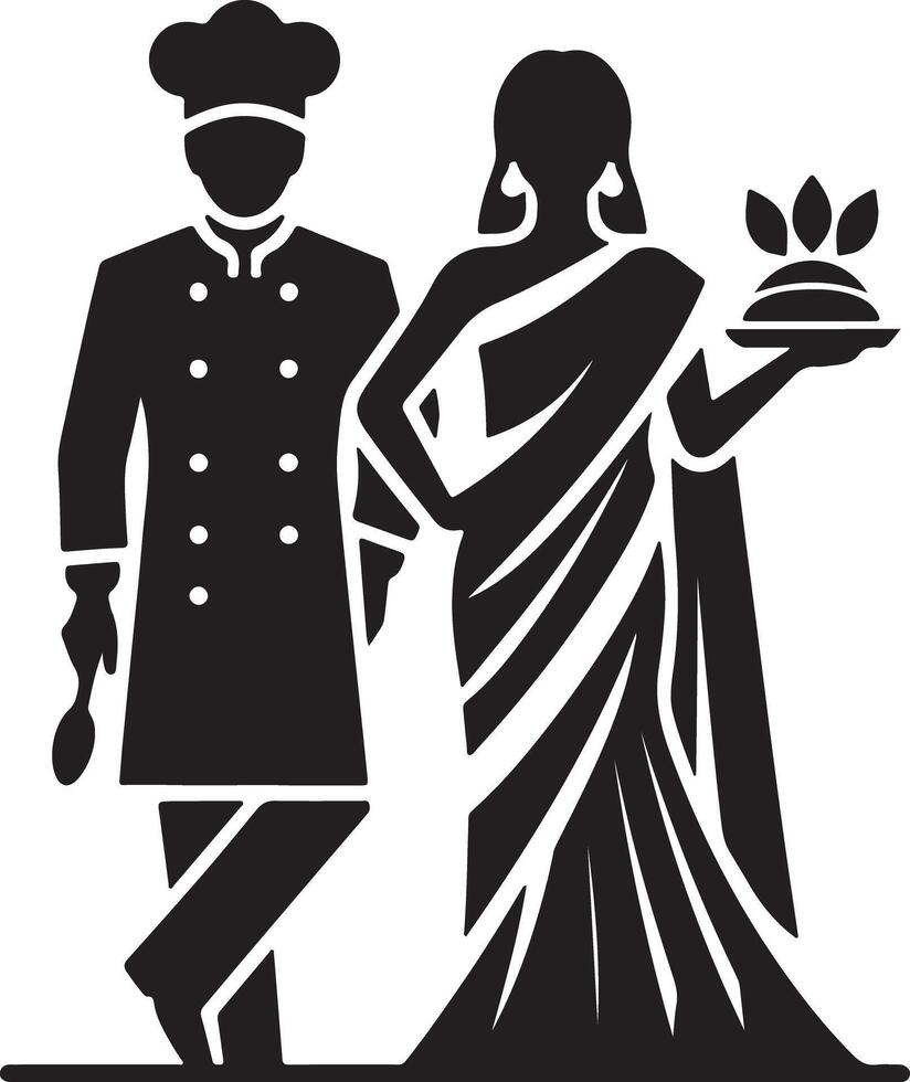 Chef and woman in sari silhouette presenting food on plate in black and white art vector