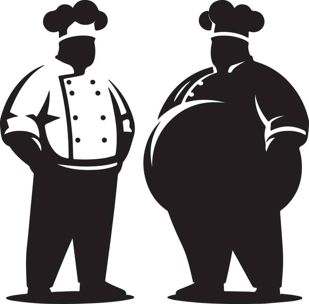 Two chefs in uniform standing side by side in a black and white illustration vector