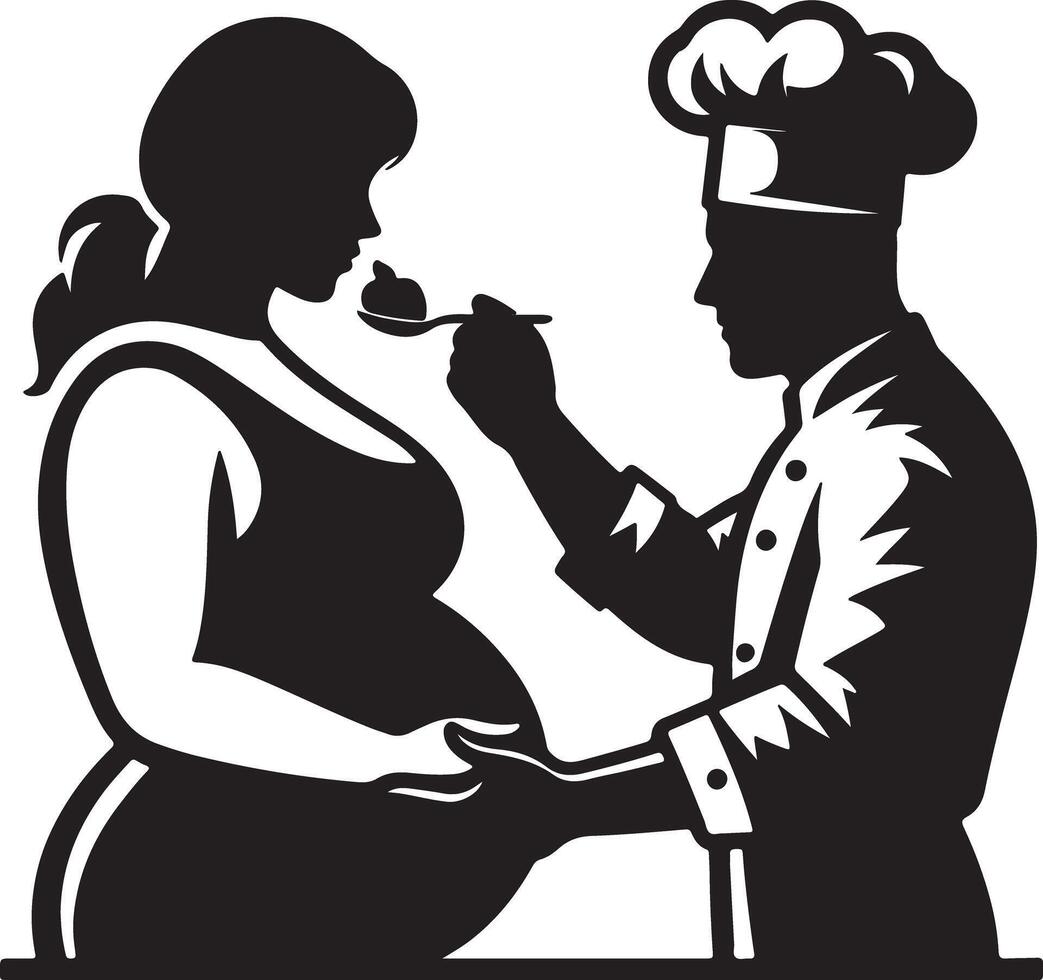 Silhouette of pregnant woman being fed apple by chef in black and white image vector