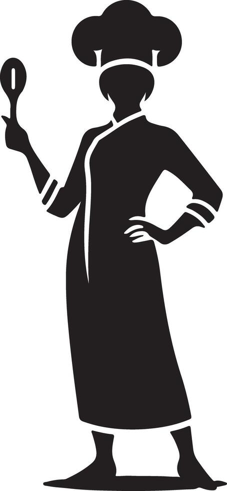 Silhouette of a female chef in uniform holding a spoon on a white background art vector