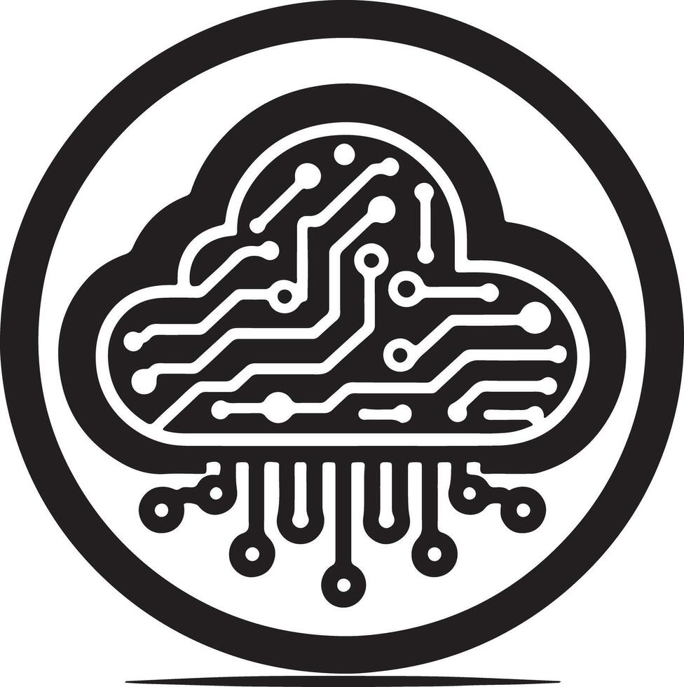 Digital cloud with circuit board pattern inside a black circle on white background vector