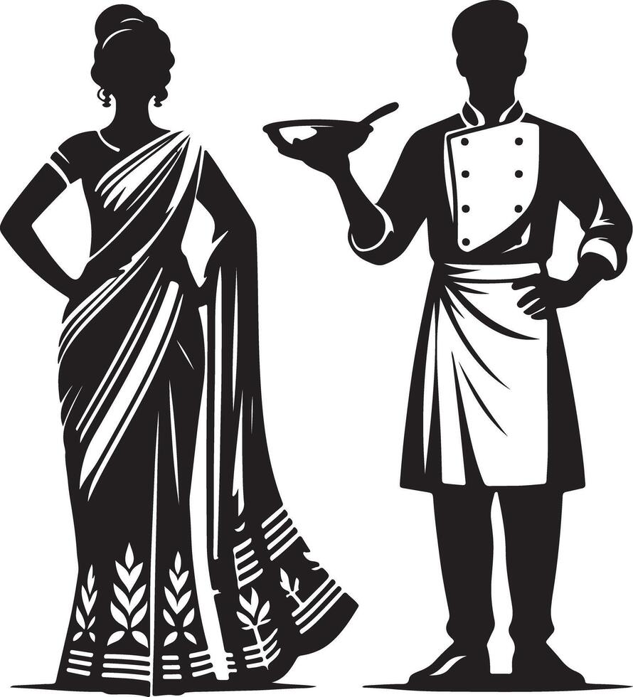 Black and white illustration of a woman in a sari and a chef holding a frying pan vector