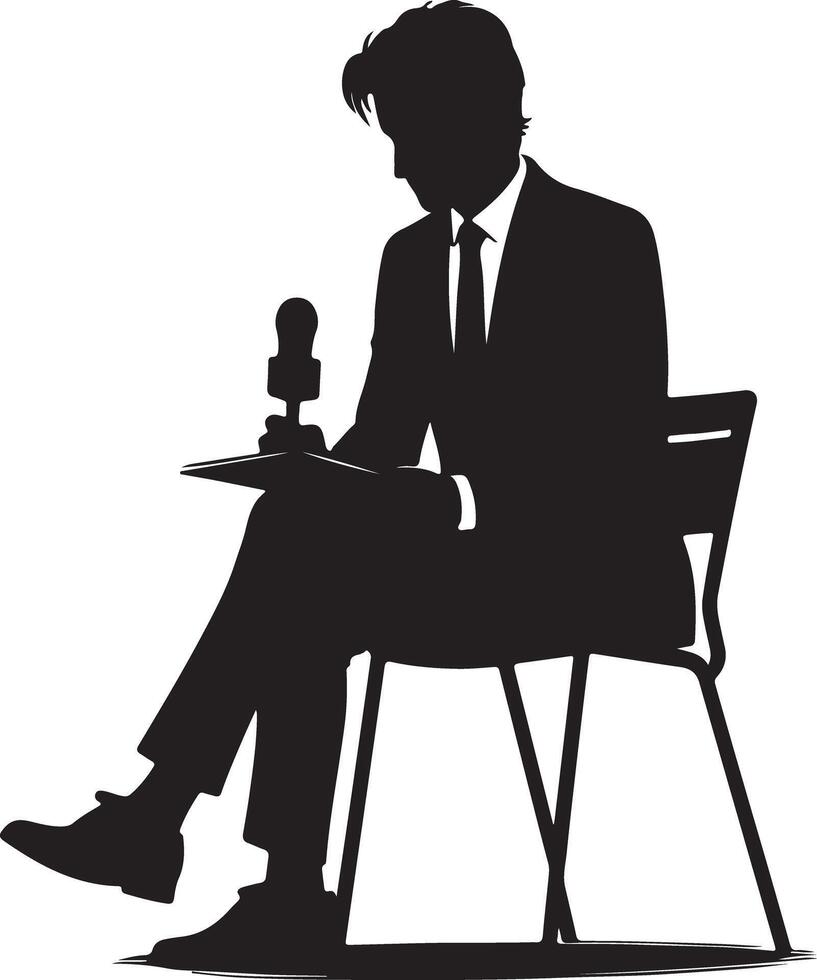 Silhouette of a man in a suit sitting on a chair with a microphone and a document in his hands vector