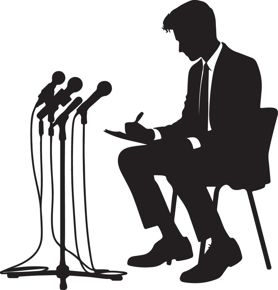 Silhouette of a man in a suit sitting next to microphones and writing on a notepad at a press conference vector