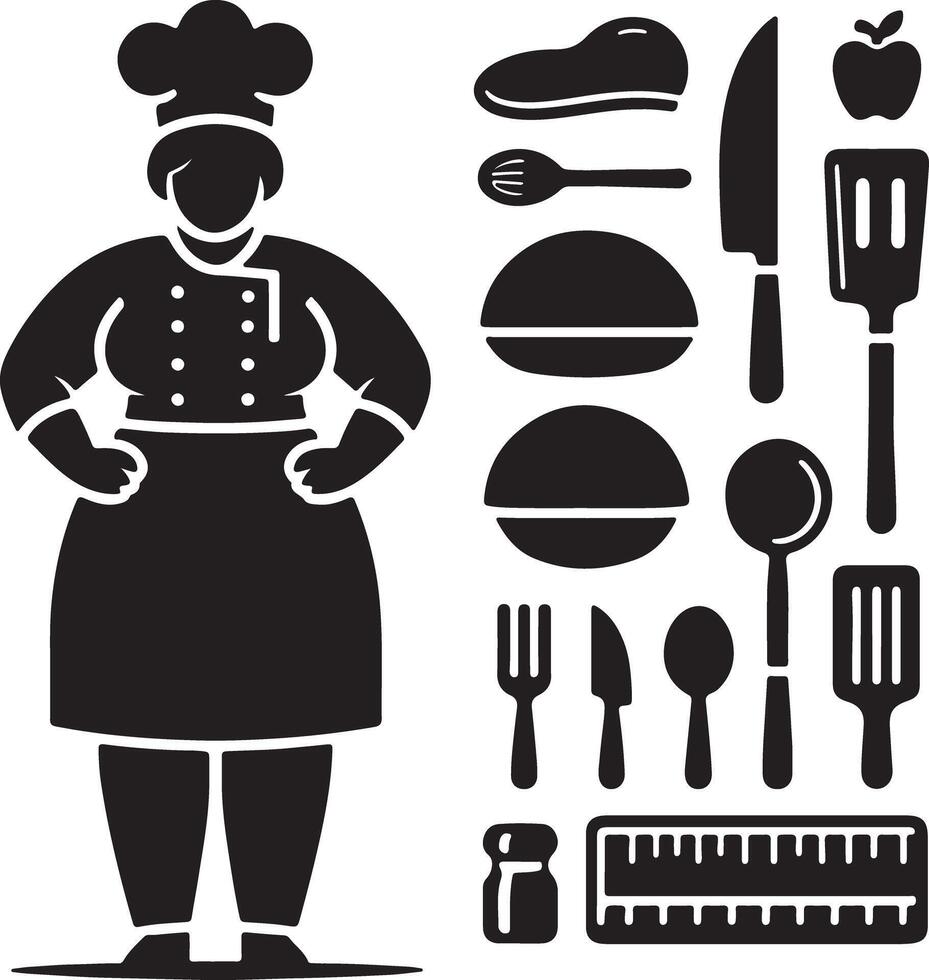 Illustration of a chef with various kitchen utensils and food items in black and white vector