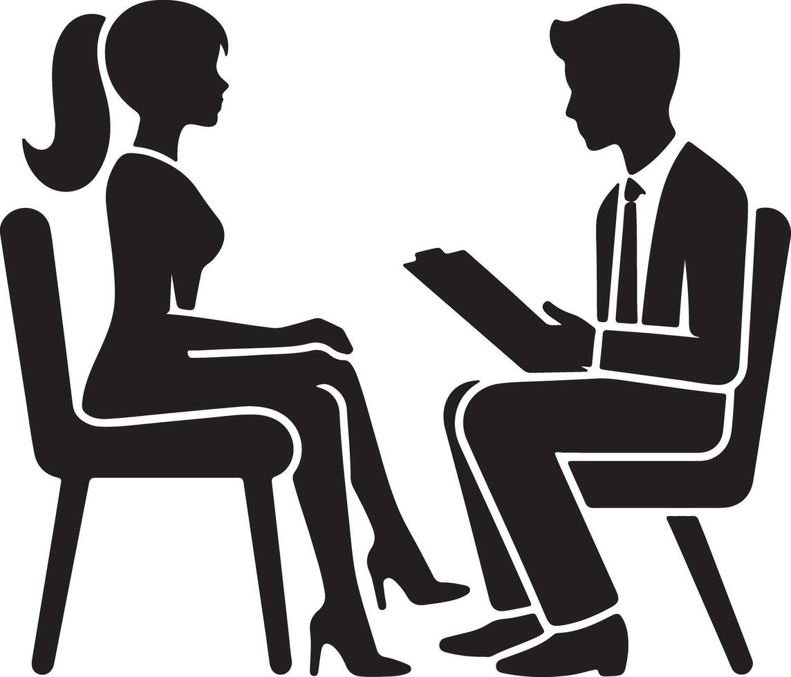 Silhouette of woman and man sitting in chairs with clipboard in black and white illustration style vector