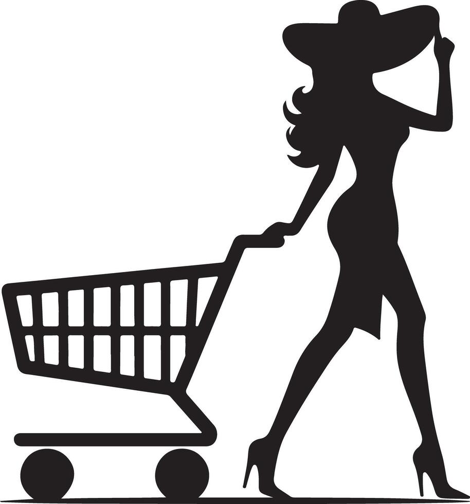 Silhouette of a woman with hat and dress pulling a shopping cart in black and white illustration vector