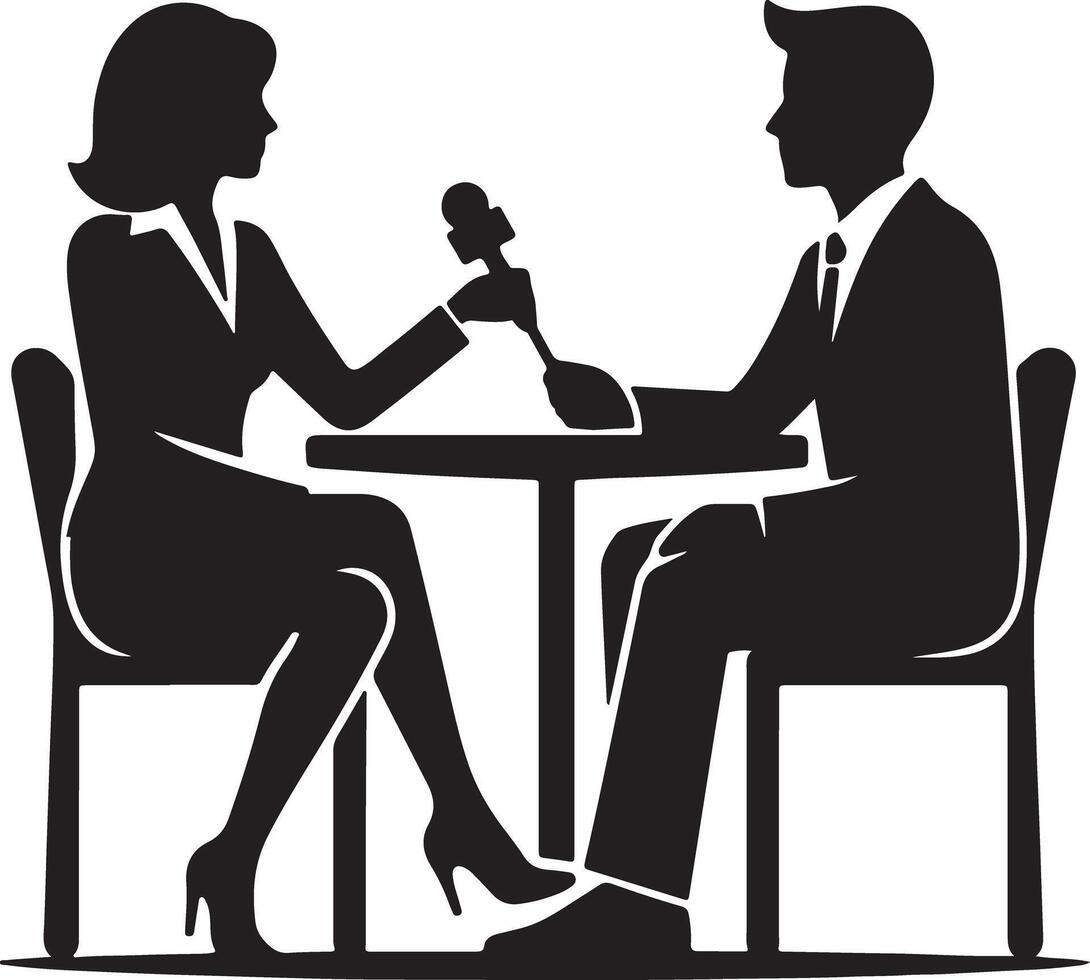 Silhouette of a woman interviewing a man at a table with a microphone in a black and white image vector