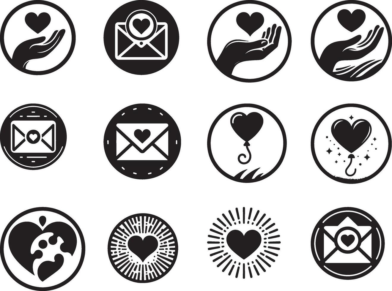 Collection of twelve black and white circular icons featuring hearts and love themed imagery in various styles vector
