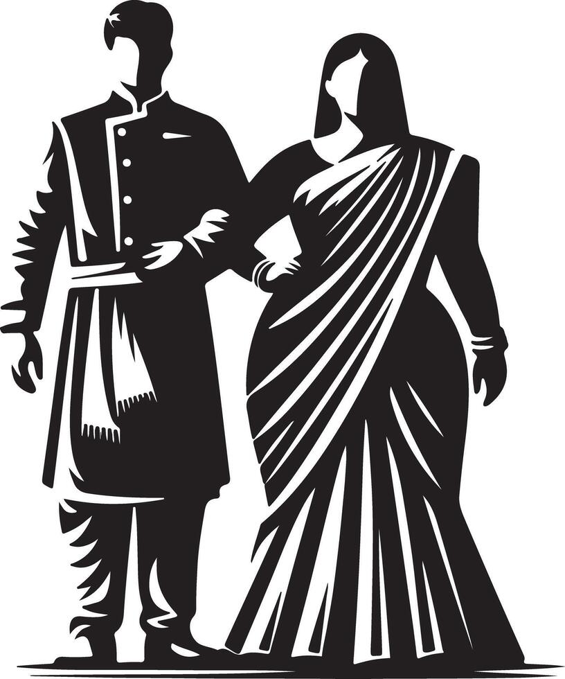 Black and white graphic of a couple in traditional indian wedding attire standing vector