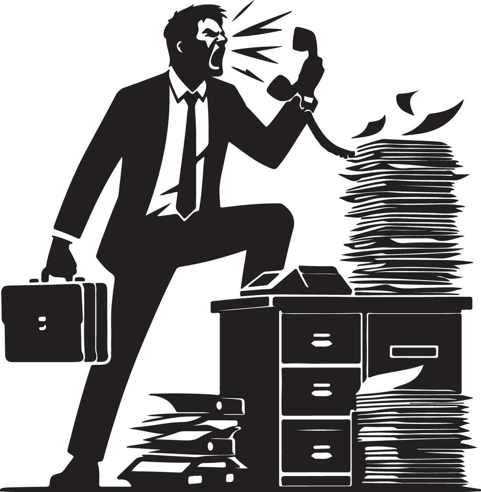 Silhouette of angry businessman yelling on phone with briefcase and paperwork on desk in black and white vector