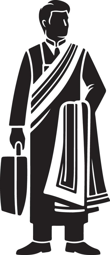 A black and white graphic of a man in a suit with a bag and draped cloth design vector