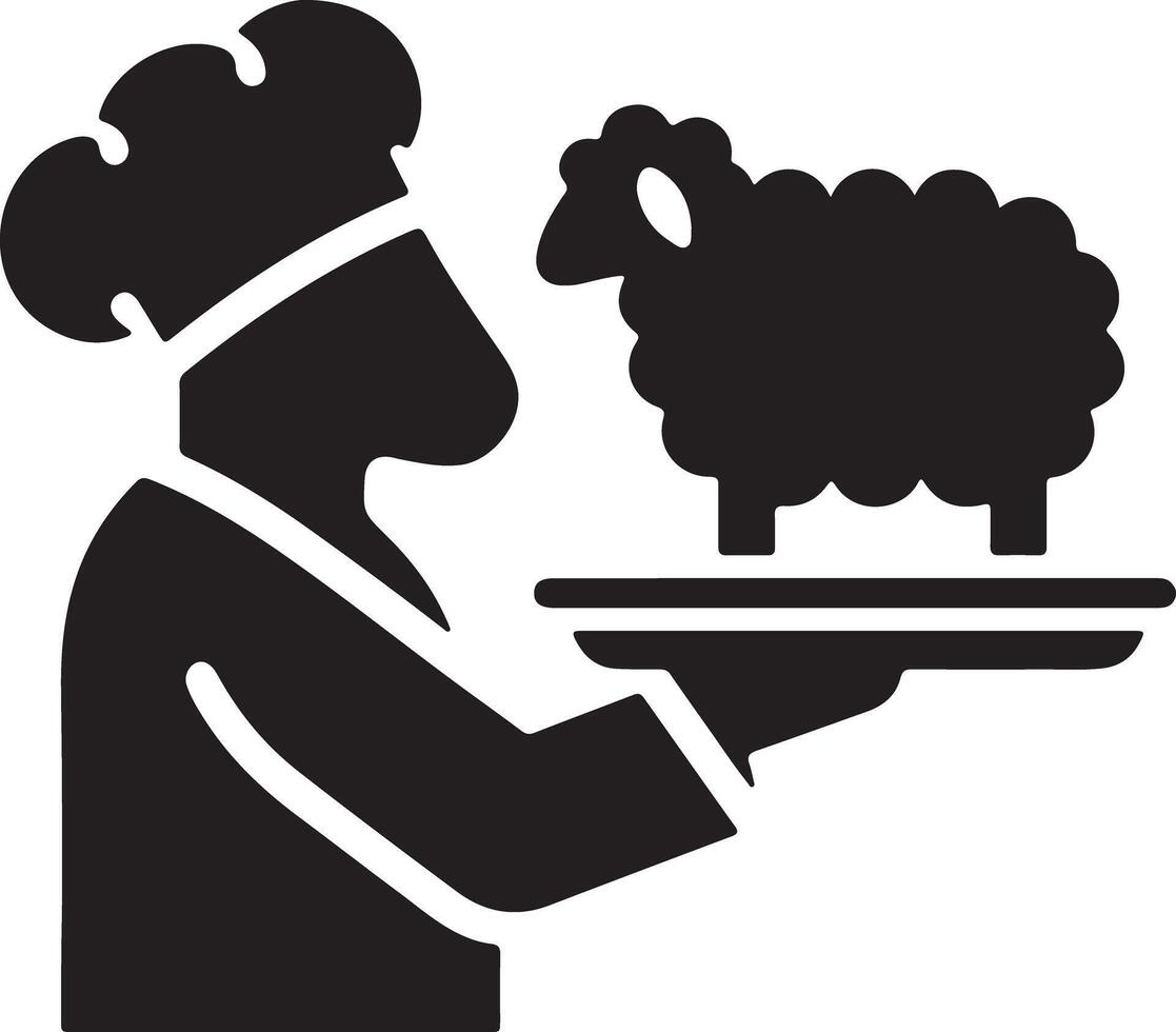 Chef holding a tray with a sheep on it in black and white graphic illustration style vector