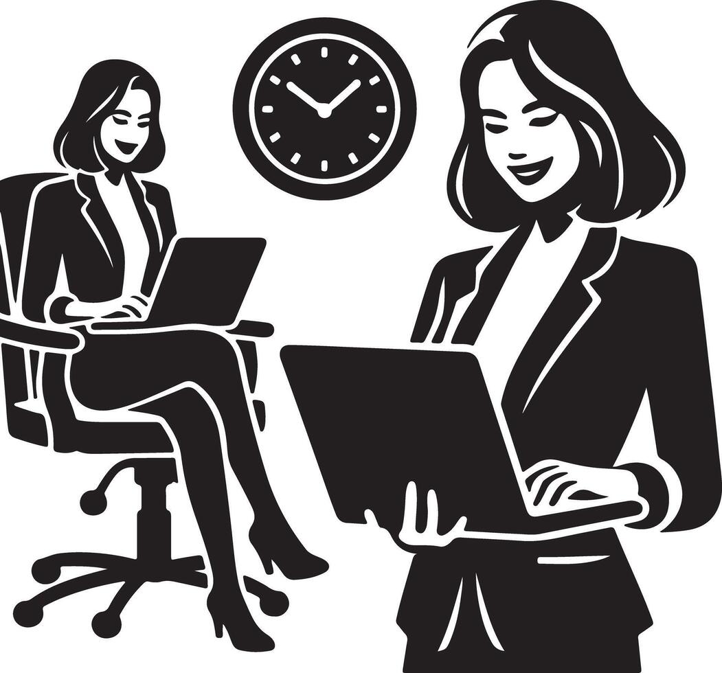 A woman working on a laptop with another woman and a clock in the background black and white art vector