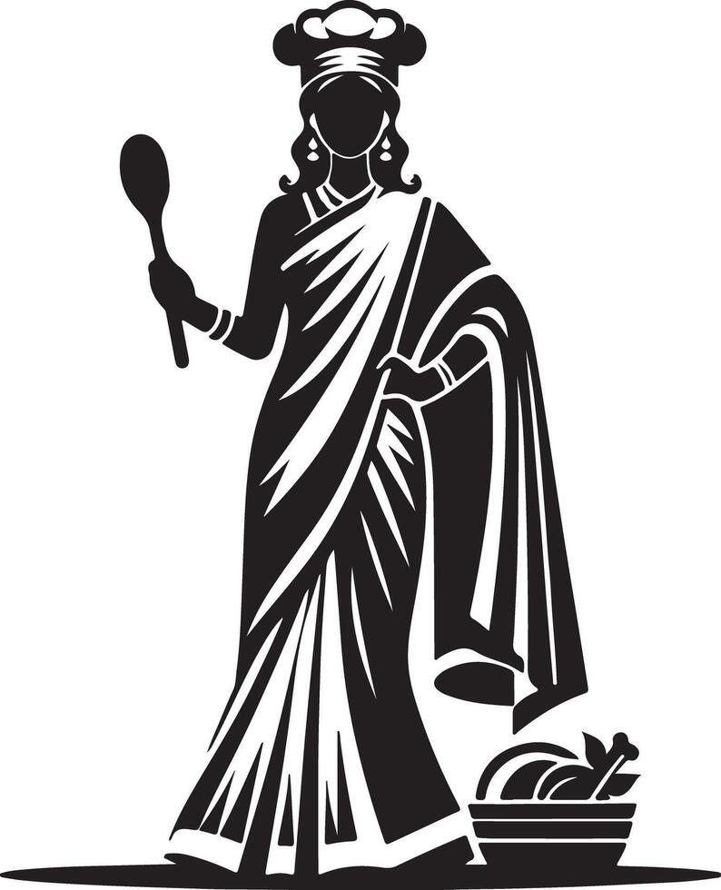 Silhouette of woman chef in sari holding spoon with food basket on the floor vector