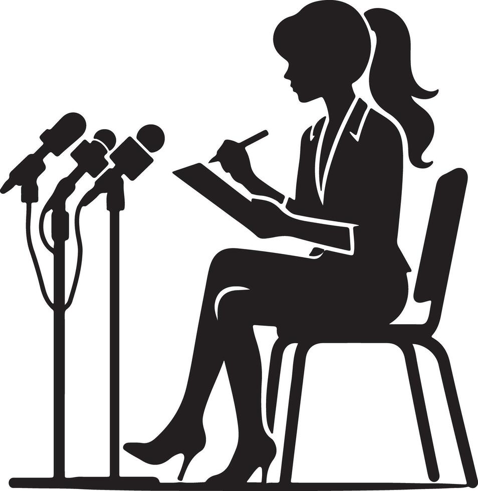 Silhouette of a woman taking notes at a press conference with multiple microphones present in the scene vector