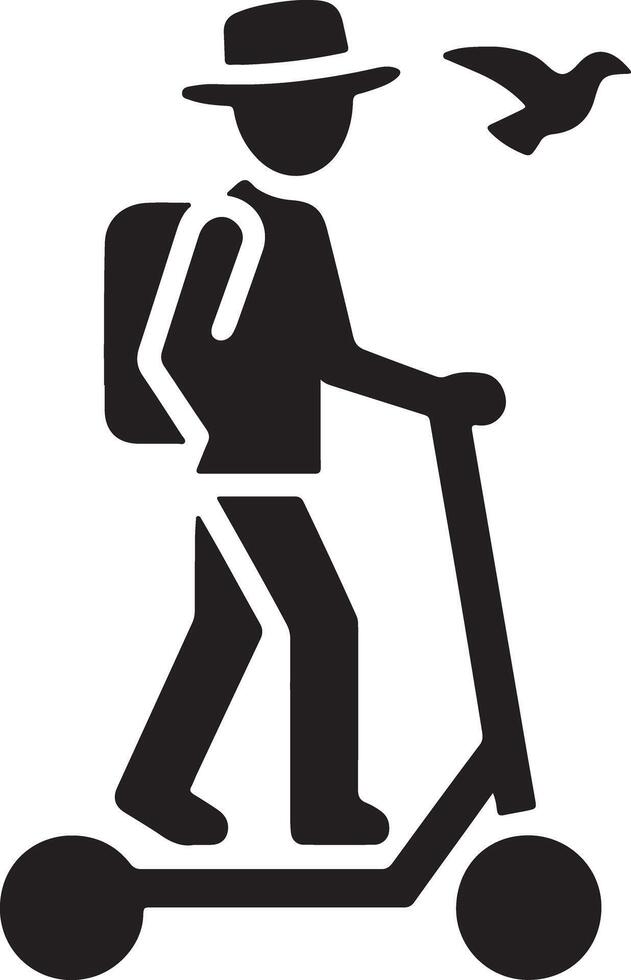 A silhouette of a person with a hat riding a scooter and a bird flying in the background near them vector