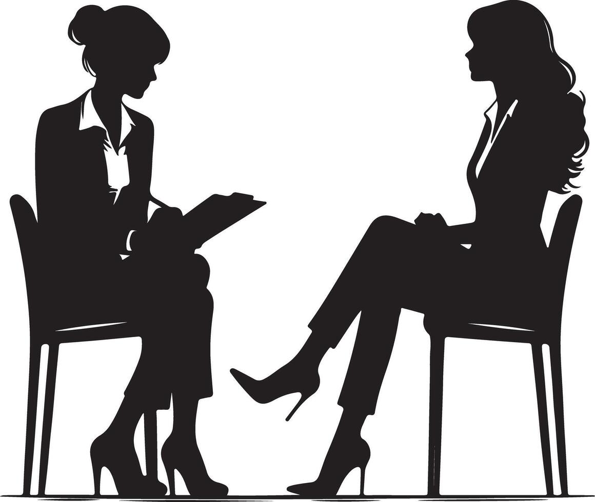 Silhouette illustration of two women in business attire sitting in chairs and facing each other vector
