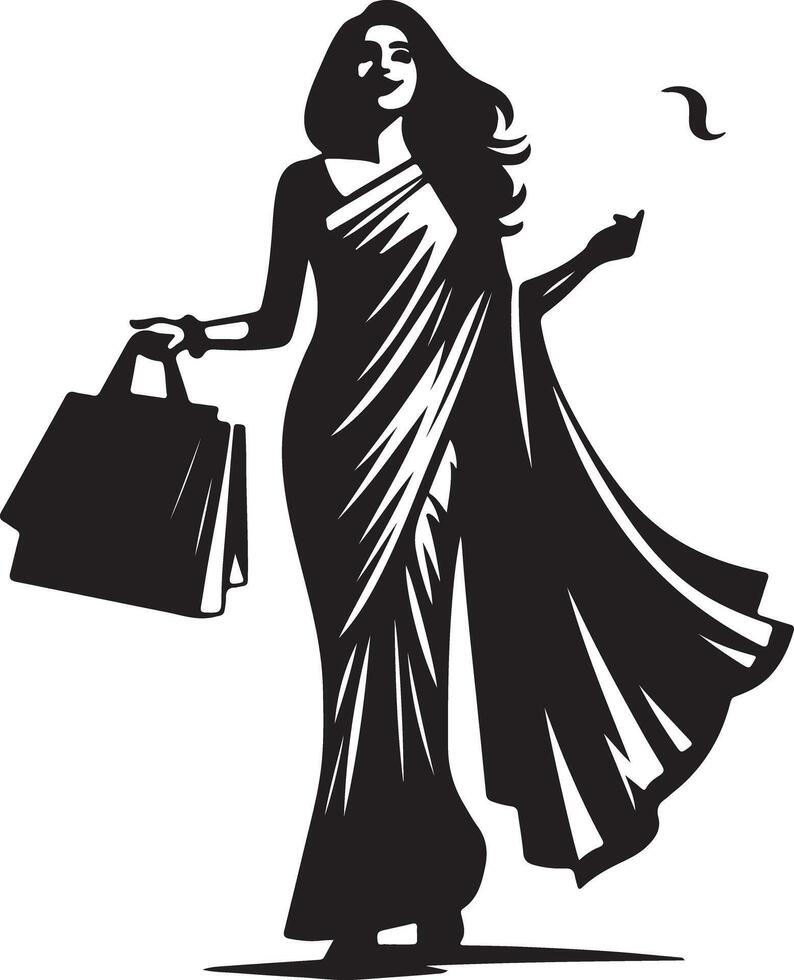 Silhouette of woman in saree holding shopping bags in black and white illustration art vector