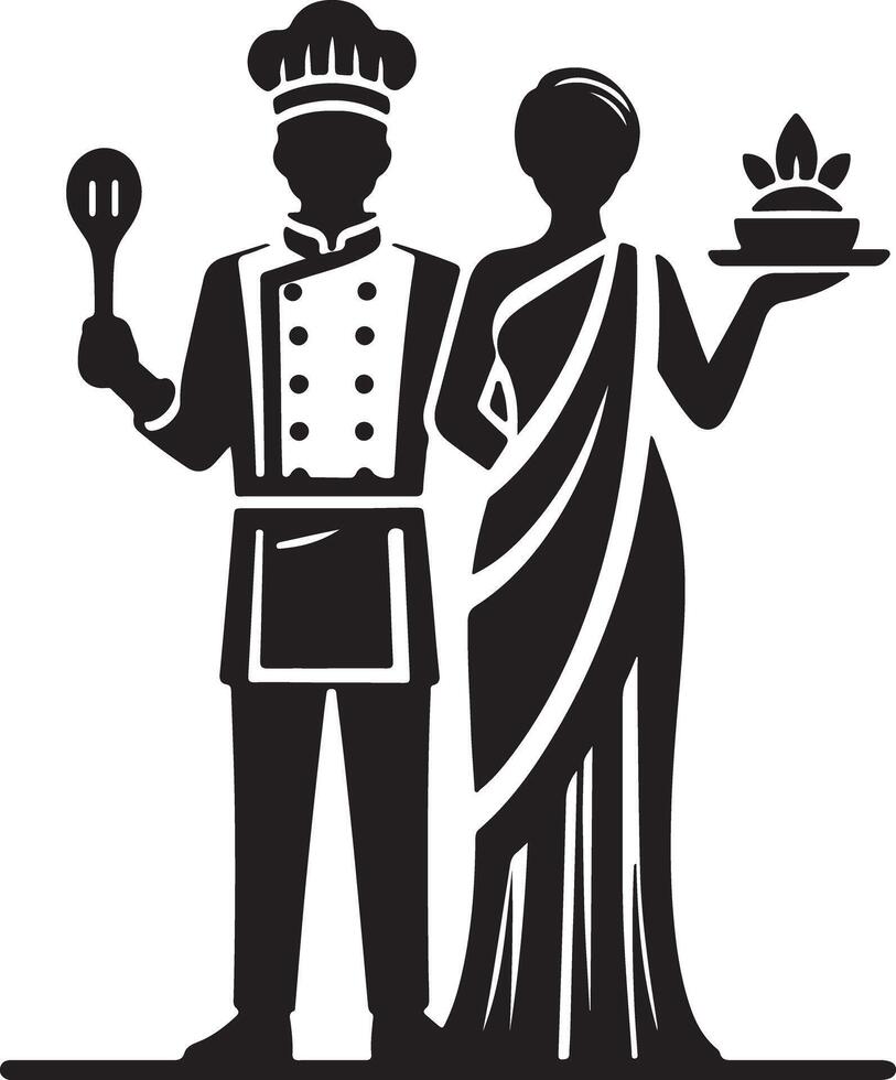 Chef holding a spoon and woman holding a dish in black and white illustration art vector
