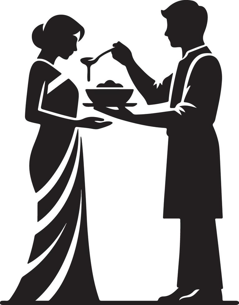 Silhouette of a man feeding a woman from a bowl with a spoon in black and white vector