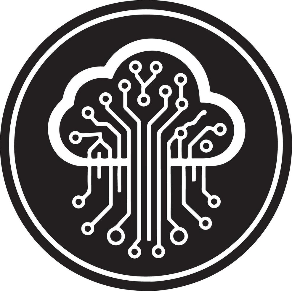 A black and white logo of a cloud with a circuit board inside in a circle frame vector