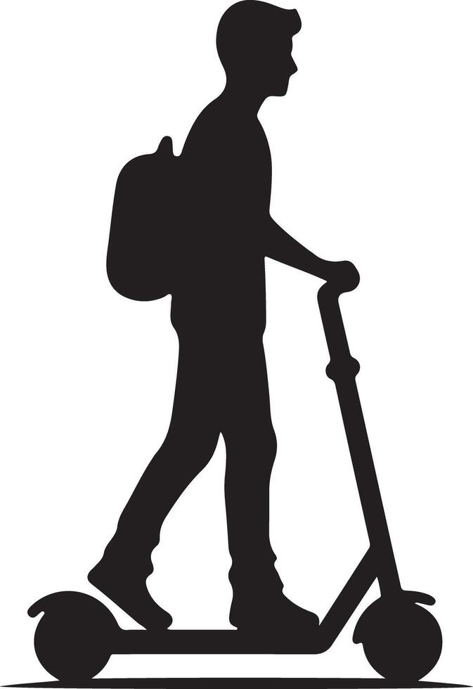 Silhouette of a person with a backpack riding an electric scooter on a white background image vector
