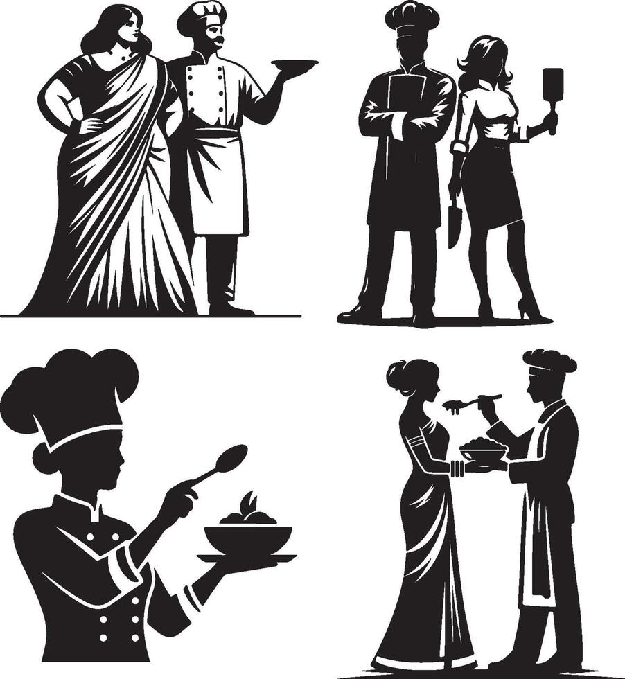 A collection of black and white illustrations featuring chefs and women in various poses and attire vector