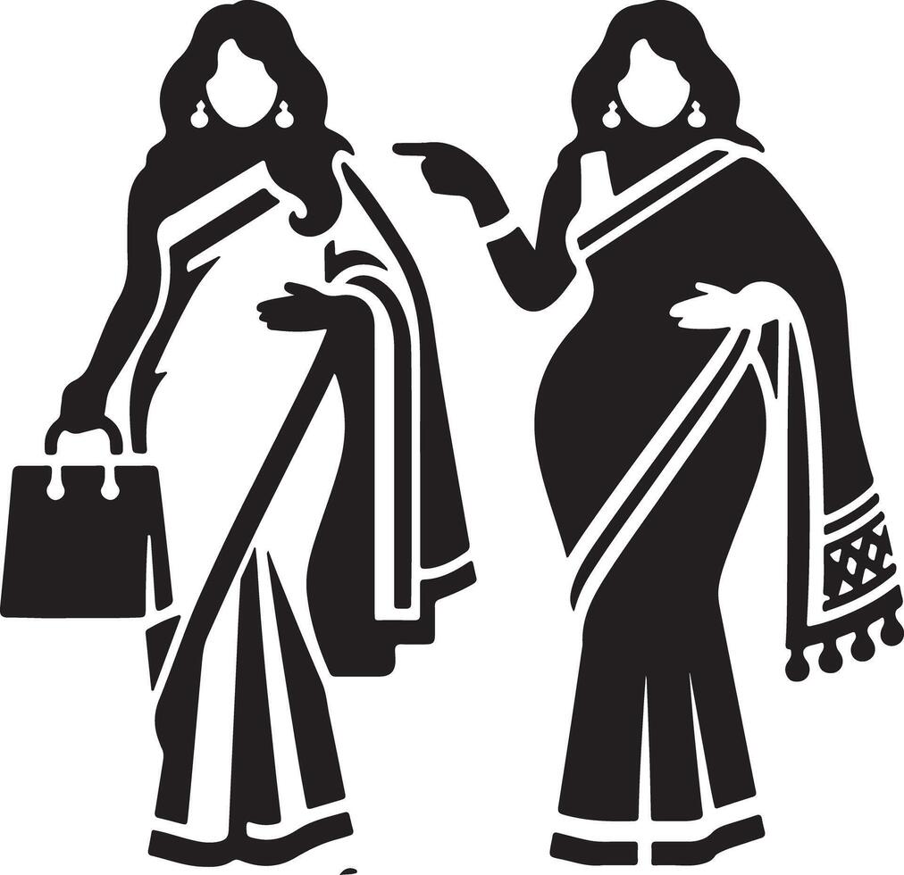 Two women in sarees illustration with shopping bag and pointing gesture in black and white silhouette vector