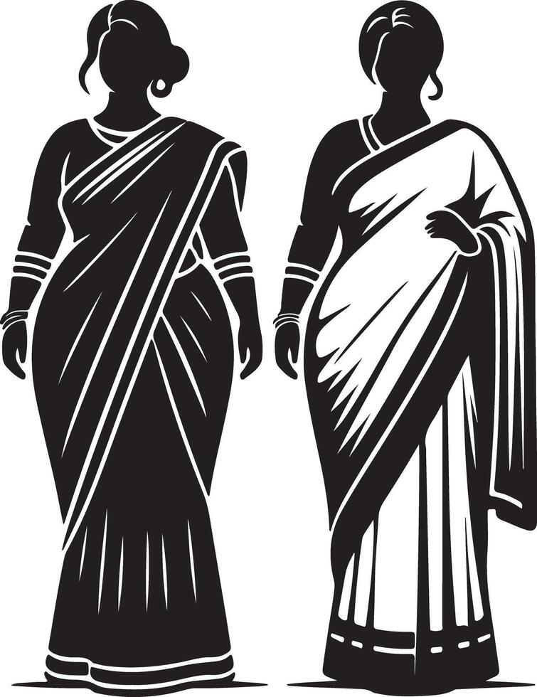 Two women in traditional indian sarees standing side by side in black and white art vector