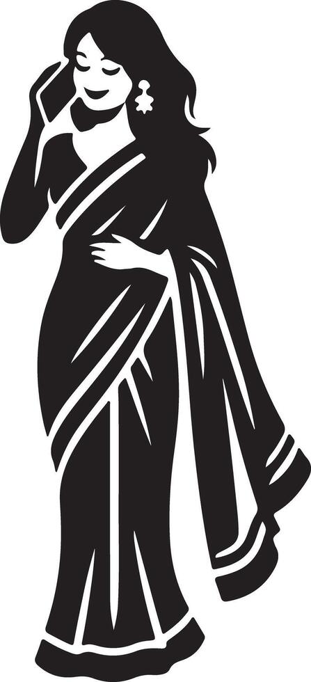 Illustration of a woman in a saree talking on a phone with a white background in black and white vector