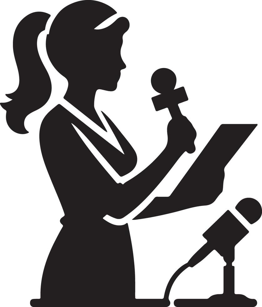 Silhouette of a woman holding a microphone and a document standing near a microphone stand vector