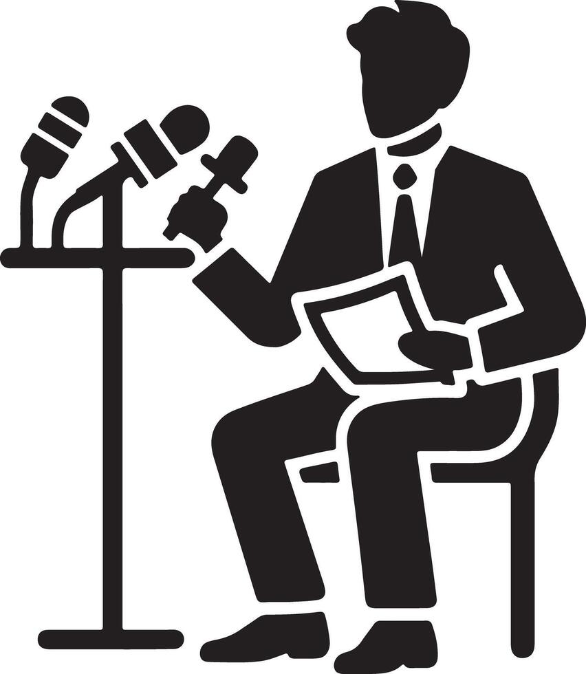 A black silhouette of a man in a suit sitting at a podium with microphones holding a document in his hand vector
