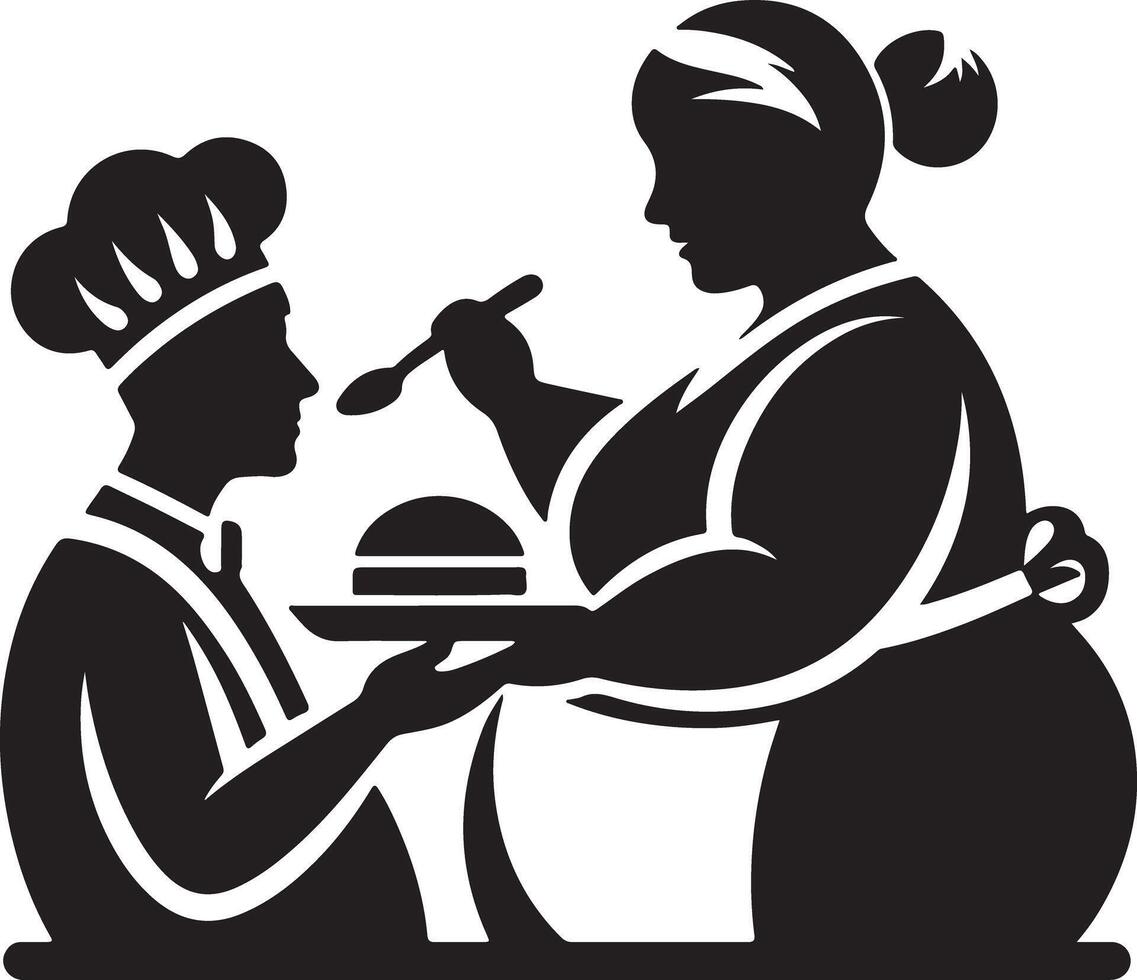 Silhouette of chefs with burger and spoon in black and white simple illustration vector