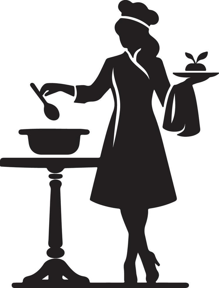 Silhouette of a chef preparing food with a spoon and holding a plate with food vector