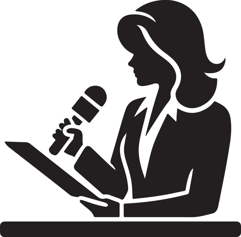 A silhouette of a woman giving a speech with a microphone and holding a document in her hand vector