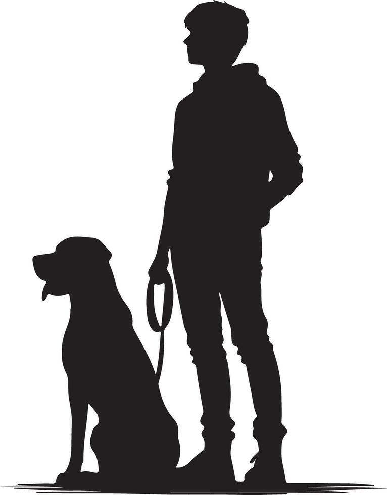Silhouette of a person in a hoodie standing next to a dog that is sitting on the ground in black and white vector