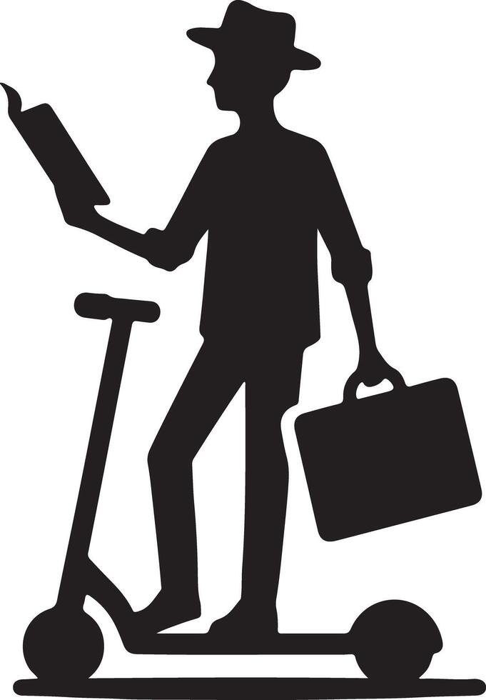 Silhouette of a man reading a book while riding a scooter and holding a briefcase in his hand vector
