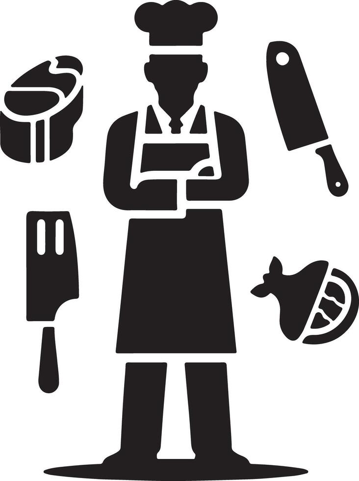 Chef silhouette with meat cuts and knives on a white background image vector