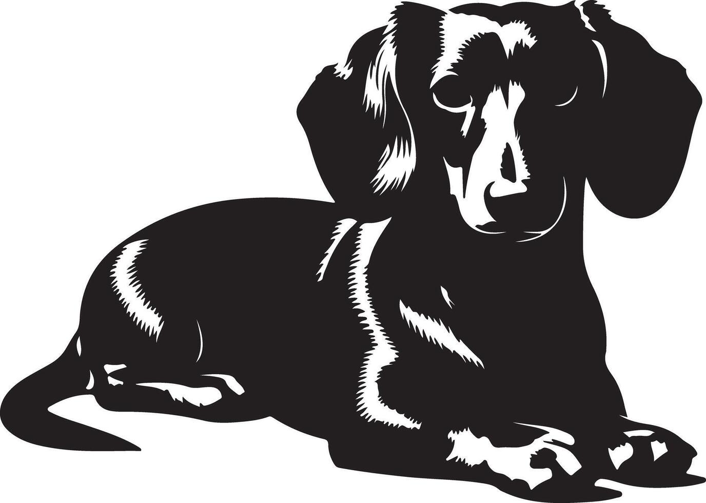 A black and white illustration of a dachshund lying down with its head up in a relaxed position vector