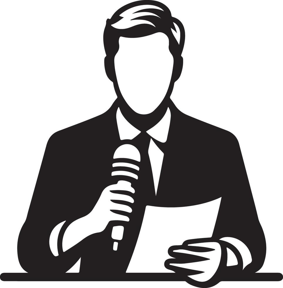 A man in a suit holding a microphone and paper standing behind a desk in black and white design style vector