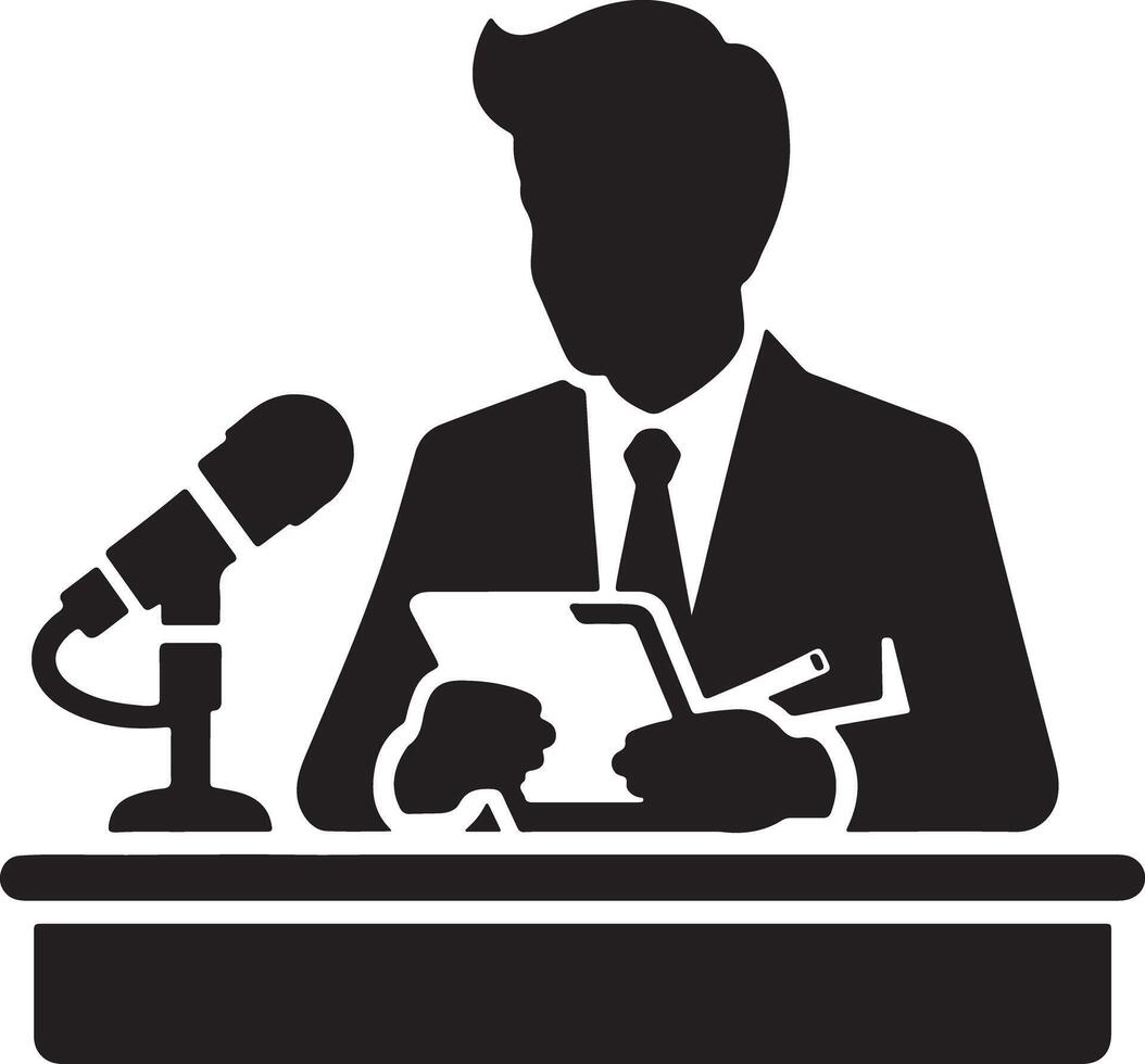 A silhouette of a man in a suit at a desk with a microphone holding a tablet and pen while speaking vector